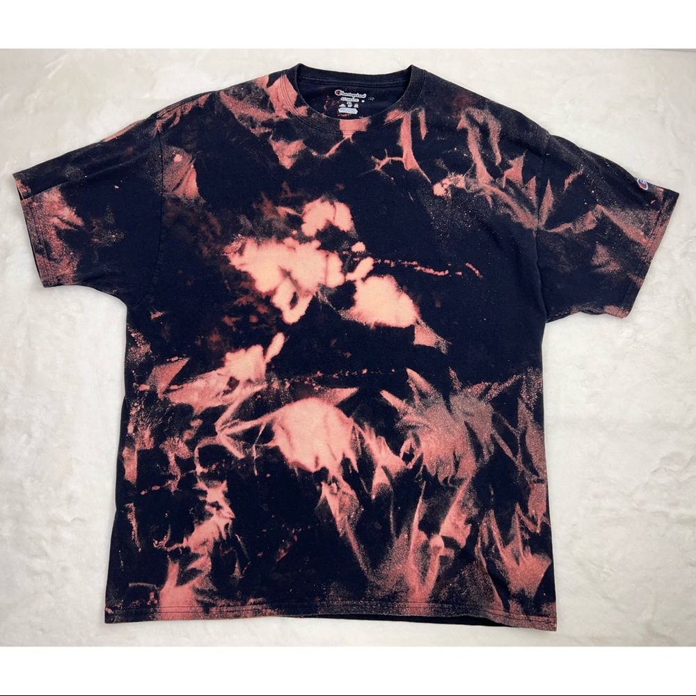 Champion T shirt XL Black Reverse Tie Dye Bleached Cotton Custom Short Sleeve